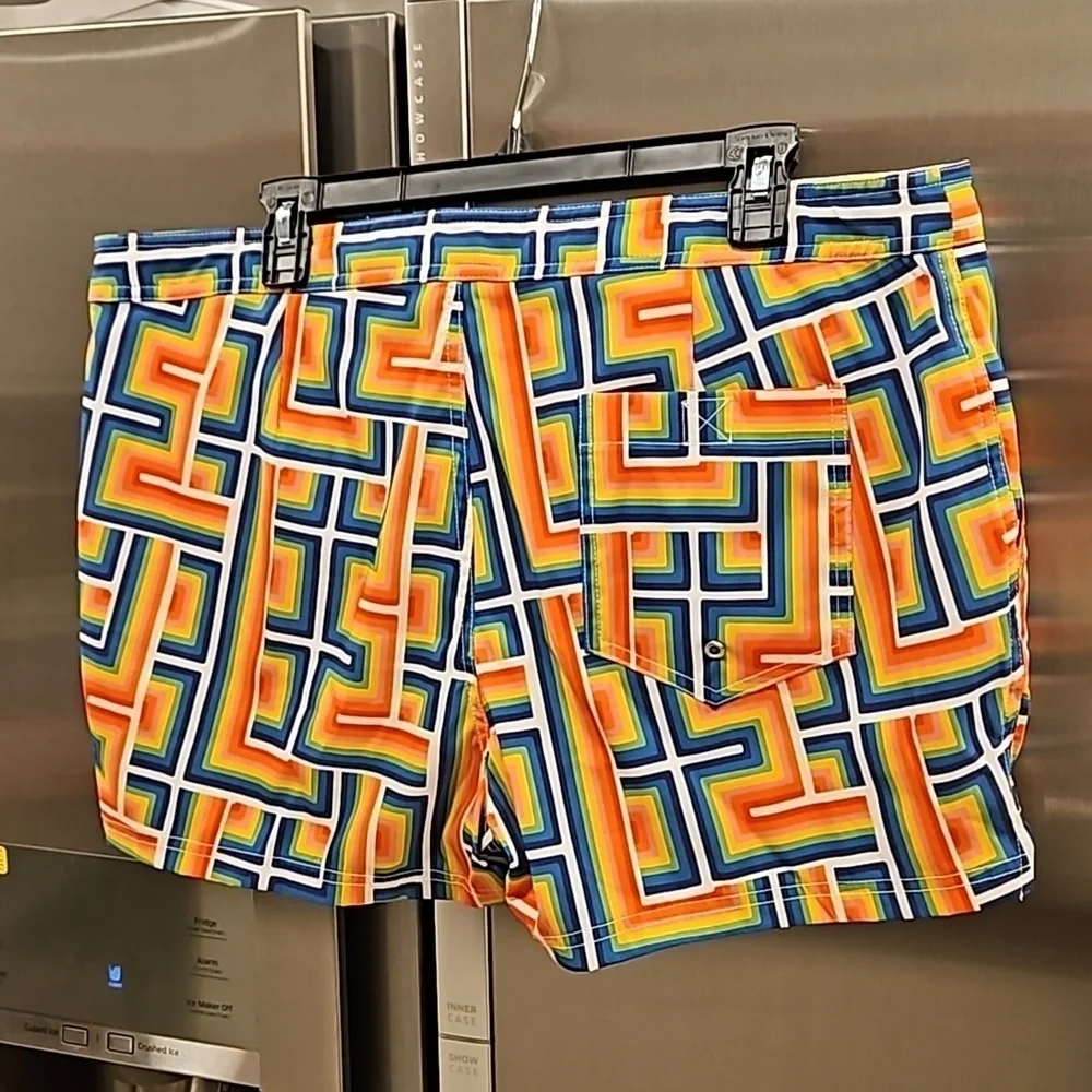 MR TURK by TRINA TURK Chico Swim Trunk ~ Pride Maze Tile Print 38 NWT
